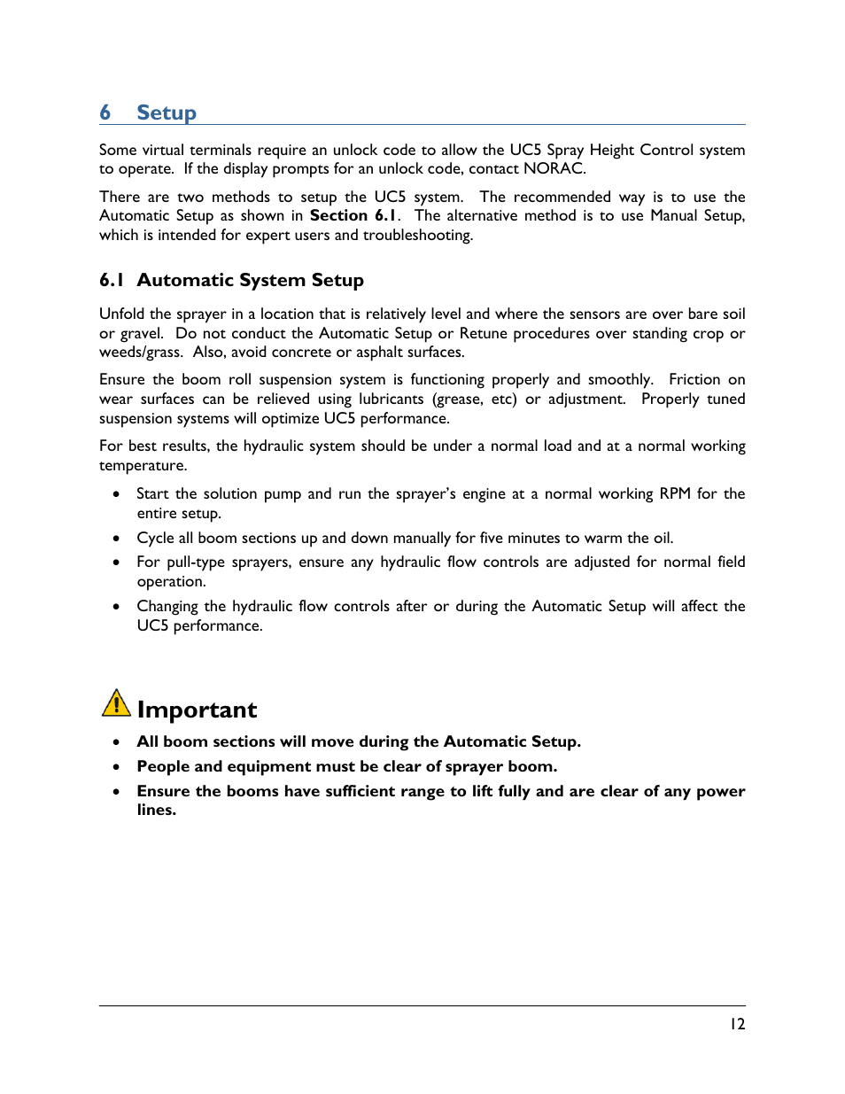 6 setup, 1 automatic system setup, Important | NORAC UC5-BC-VT User Manual | Page 15 / 24