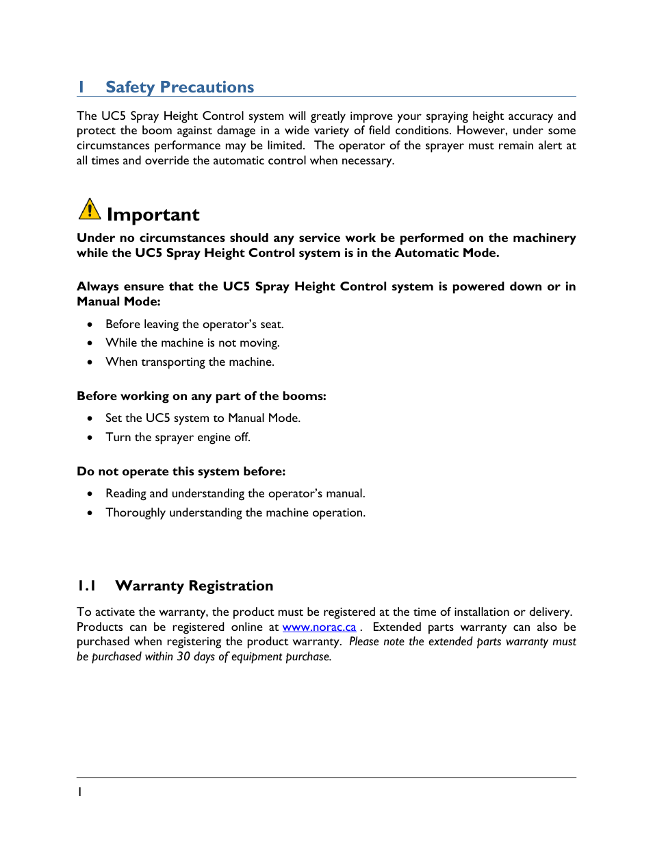 1 safety precautions, 1 warranty registration, Important | NORAC UC5-BC-VT User Manual | Page 4 / 24