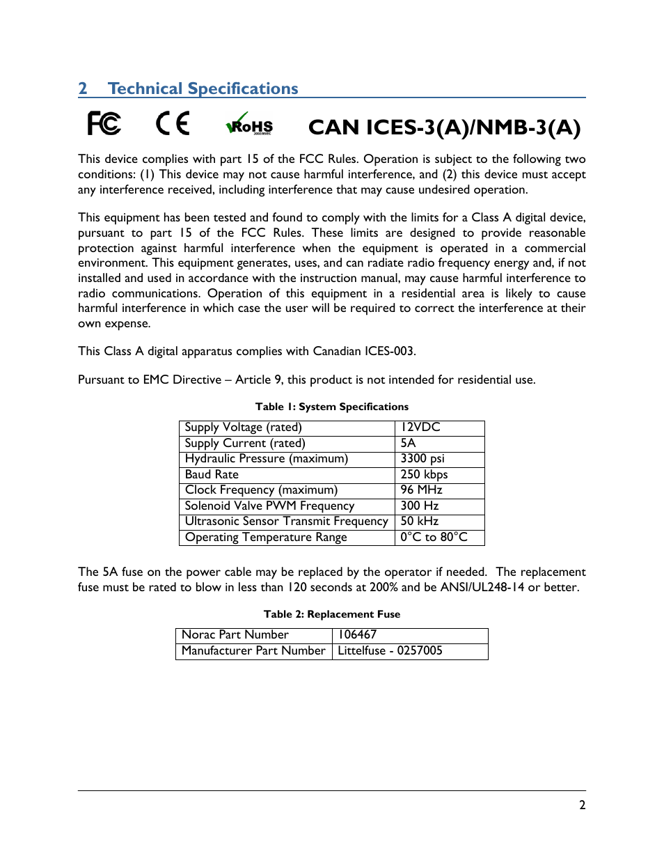 2 technical specifications, Can ices-3(a)/nmb-3(a) | NORAC UC5-BC-VT User Manual | Page 5 / 24