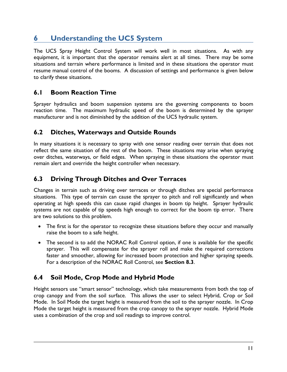 6 understanding the uc5 system, 1 boom reaction time, 2 ditches, waterways and outside rounds | 3 driving through ditches and over terraces, 4 soil mode, crop mode and hybrid mode, 6understanding the uc5 system | NORAC UC5-BC-AL Manual User Manual | Page 15 / 56