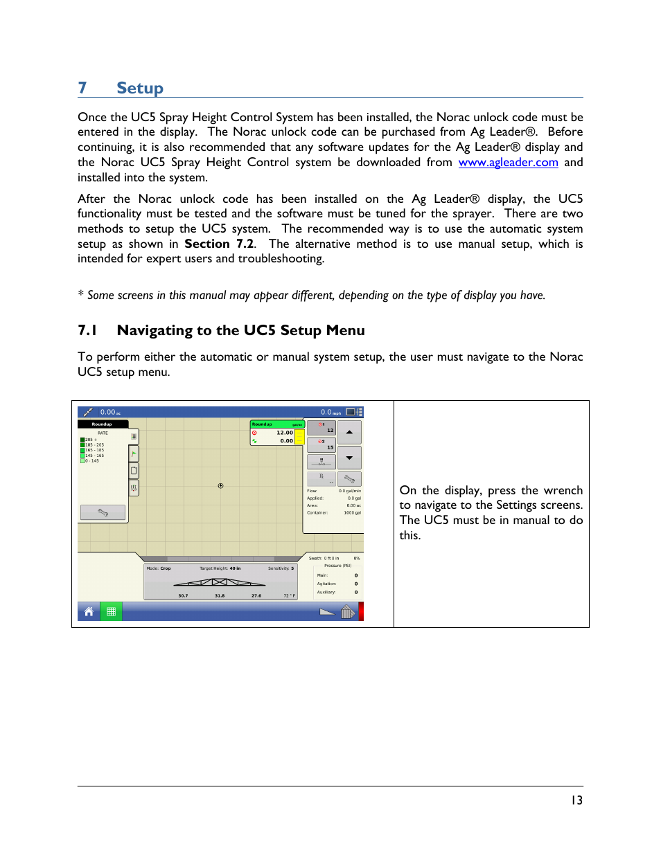 7 setup, 1 navigating to the uc5 setup menu, 7setup | NORAC UC5-BC-AL Manual User Manual | Page 17 / 56