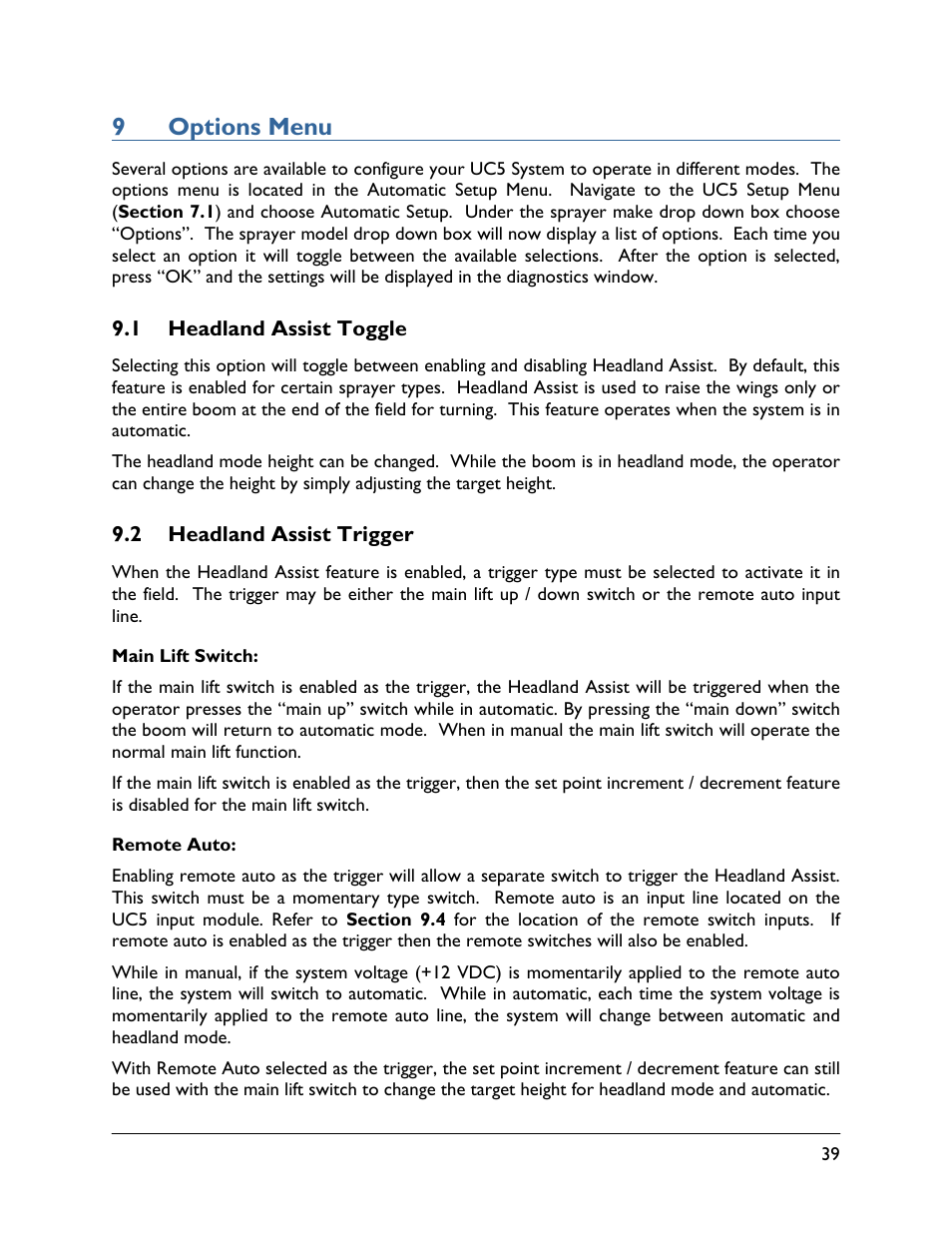 9 options menu, 1 headland assist toggle, 2 headland assist trigger | 9options menu | NORAC UC5-BC-AL Manual User Manual | Page 43 / 56