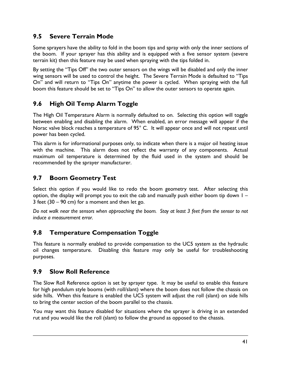 5 severe terrain mode, 6 high oil temp alarm toggle, 7 boom geometry test | 8 temperature compensation toggle, 9 slow roll reference | NORAC UC5-BC-AL Manual User Manual | Page 45 / 56