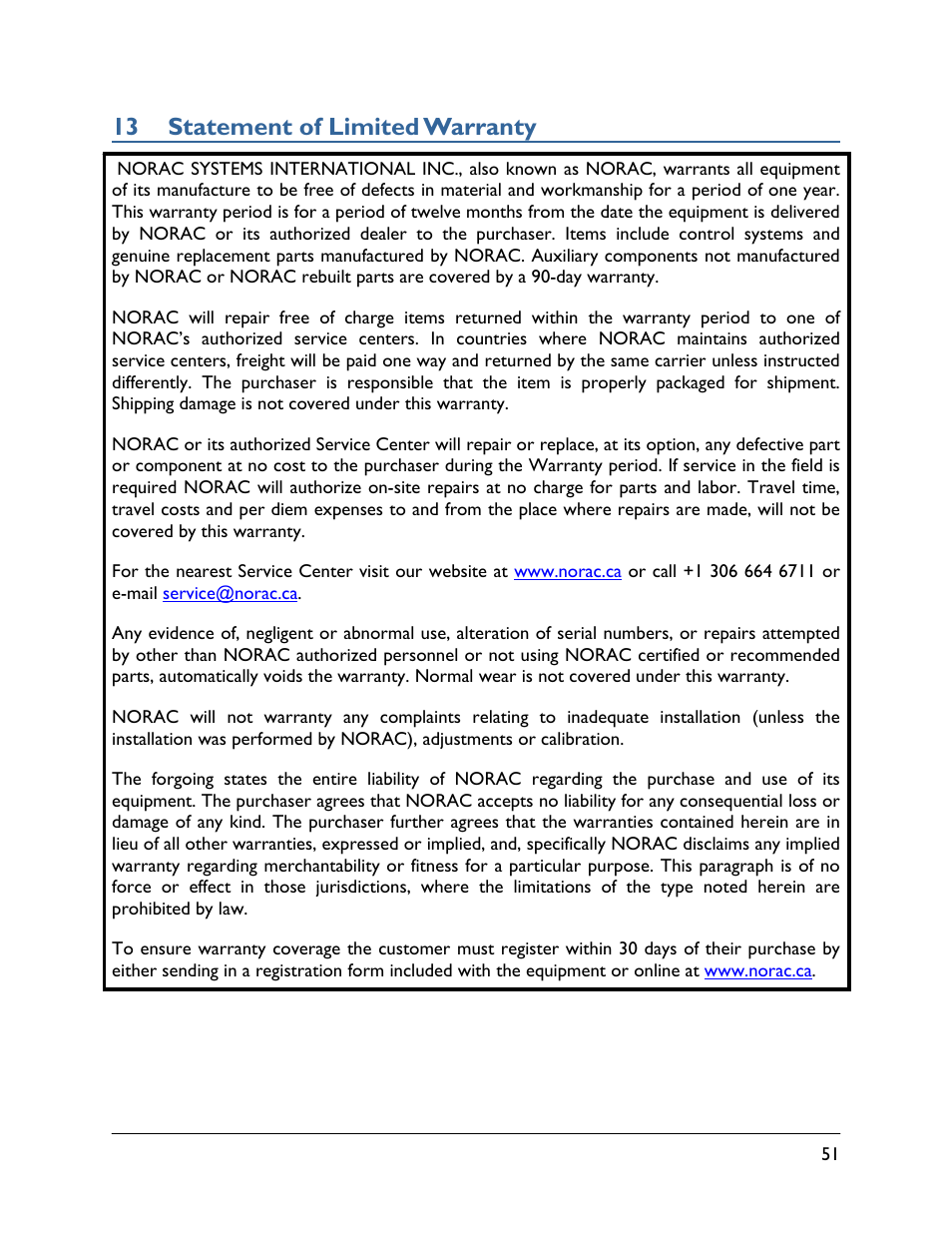 13 statement of limited warranty | NORAC UC5-BC-AL Manual User Manual | Page 55 / 56
