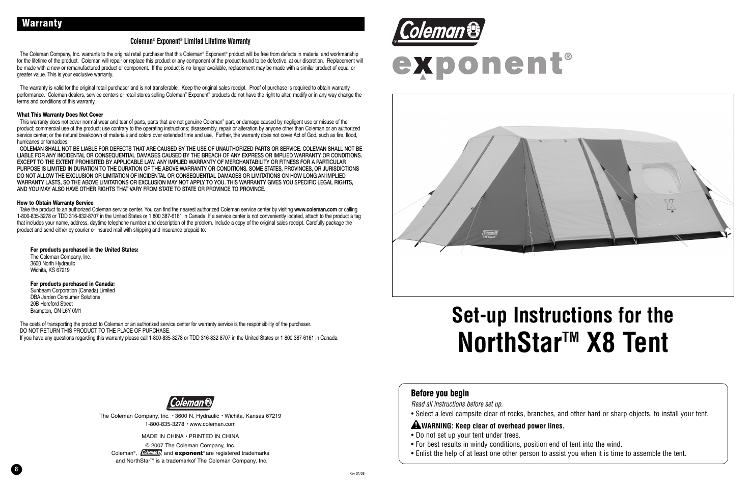 Coleman Tent X8 User Manual | 4 pages