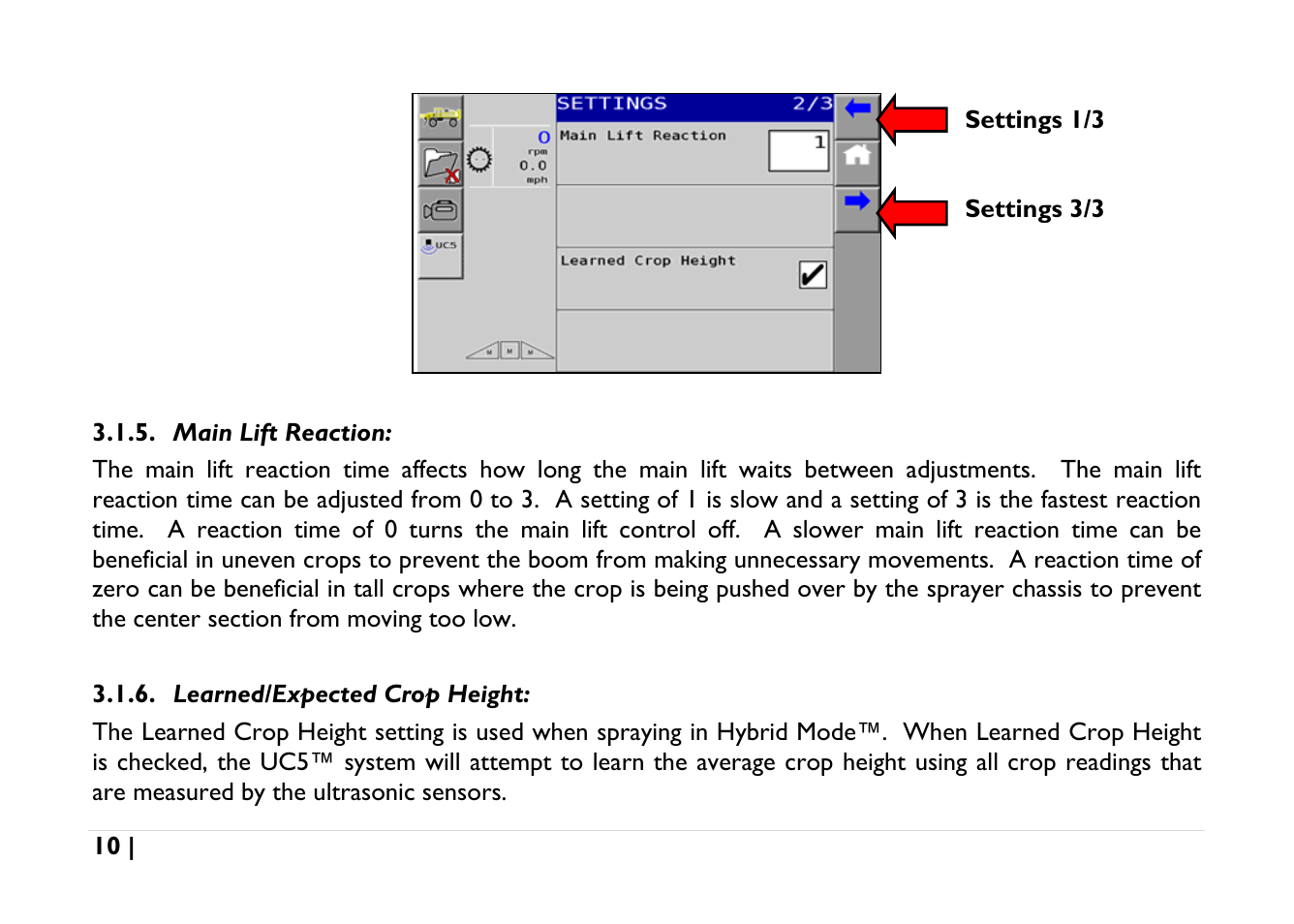 Main lift reaction, Learned/expected crop height | NORAC UC5-BC-AGCO-RMC User Manual | Page 10 / 56