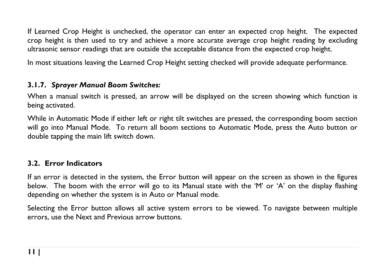 Sprayer manual boom switches, Error indicators | NORAC UC5-BC-AGCO-RMC User Manual | Page 11 / 56