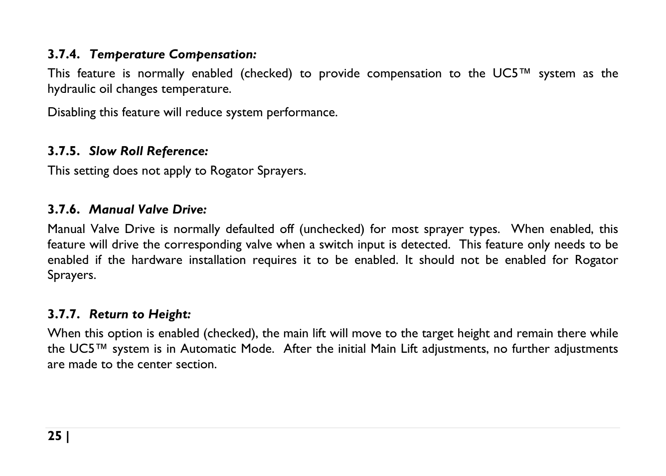 Temperature compensation, Slow roll reference, Manual valve drive | Return to height | NORAC UC5-BC-AGCO-RMC User Manual | Page 25 / 56
