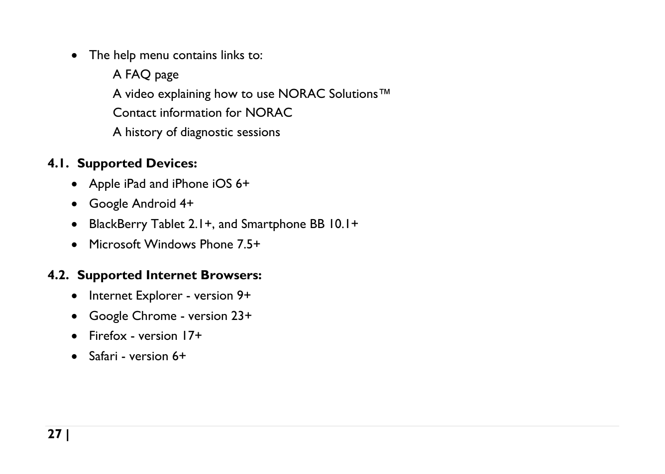 Supported devices, Supported internet browsers | NORAC UC5-BC-AGCO-RMC User Manual | Page 27 / 56