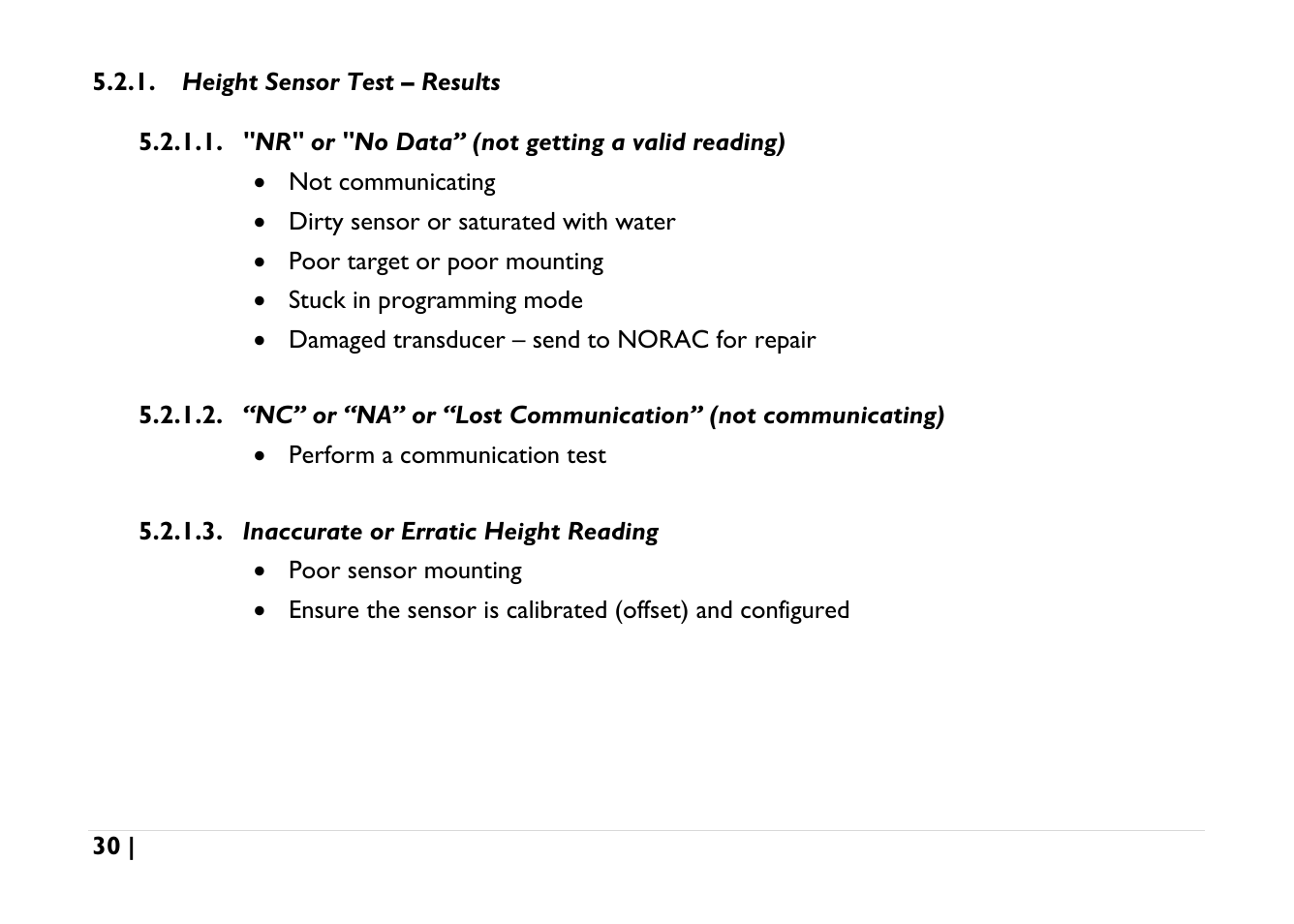 Height sensor test – results, "nr" or "no data” (not getting a valid reading), Inaccurate or erratic height reading | NORAC UC5-BC-AGCO-RMC User Manual | Page 30 / 56