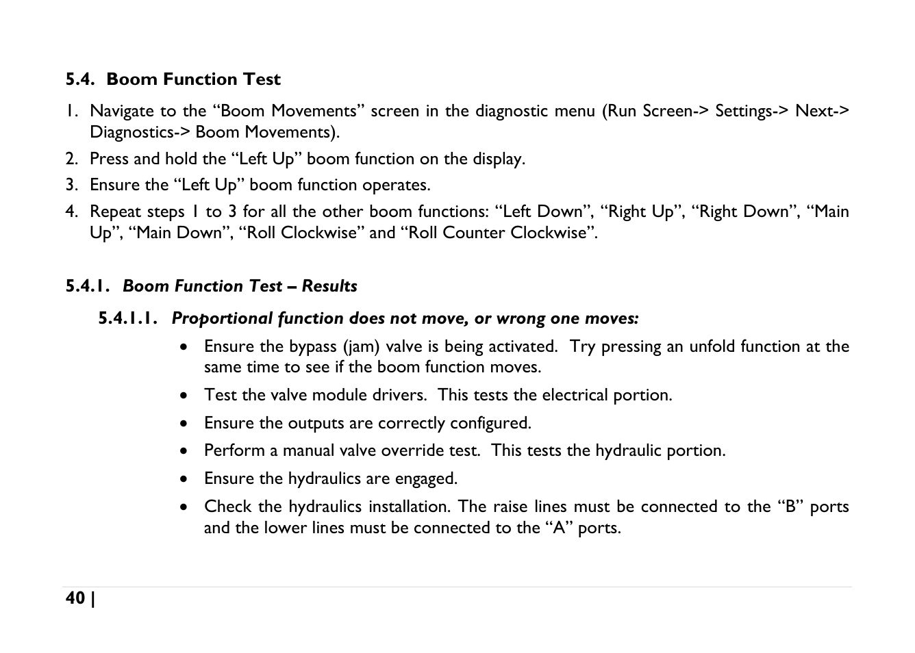 Boom function test, Boom function test – results | NORAC UC5-BC-AGCO-RMC User Manual | Page 40 / 56