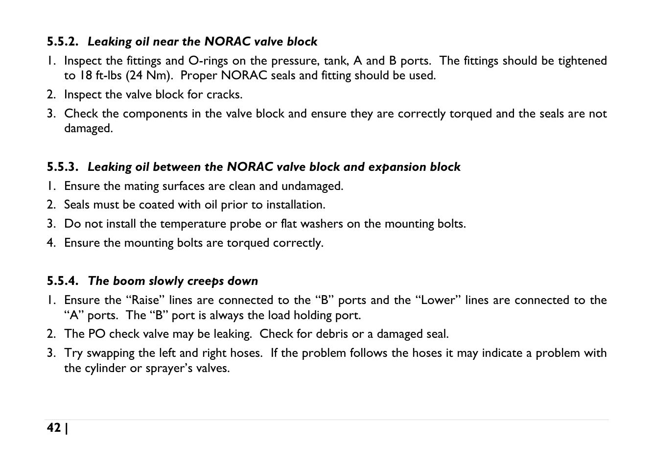 Leaking oil near the norac valve block, The boom slowly creeps down | NORAC UC5-BC-AGCO-RMC User Manual | Page 42 / 56