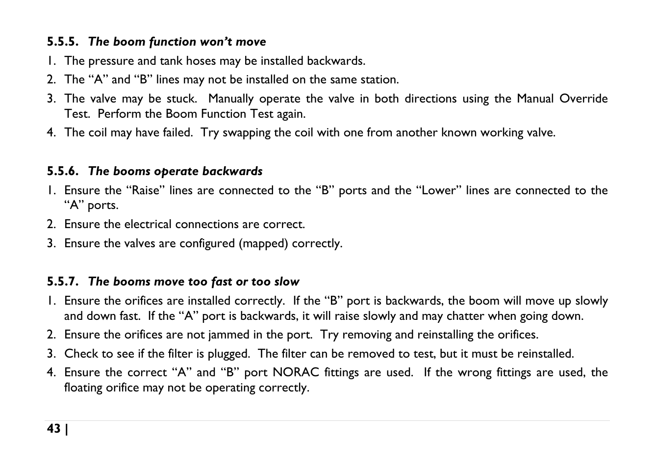 The boom function won’t move, The booms operate backwards, The booms move too fast or too slow | NORAC UC5-BC-AGCO-RMC User Manual | Page 43 / 56
