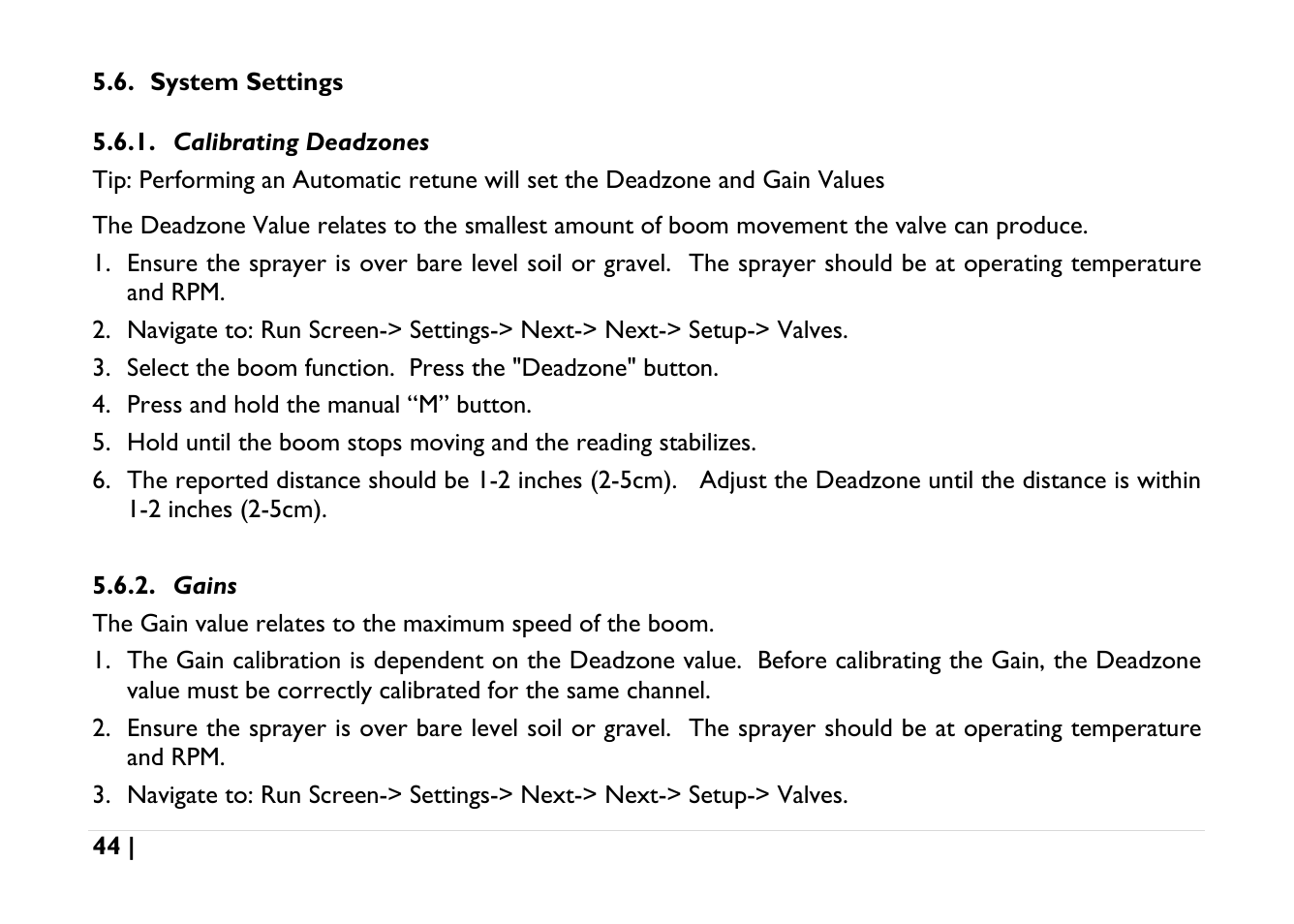 System settings, Calibrating deadzones, Gains | NORAC UC5-BC-AGCO-RMC User Manual | Page 44 / 56