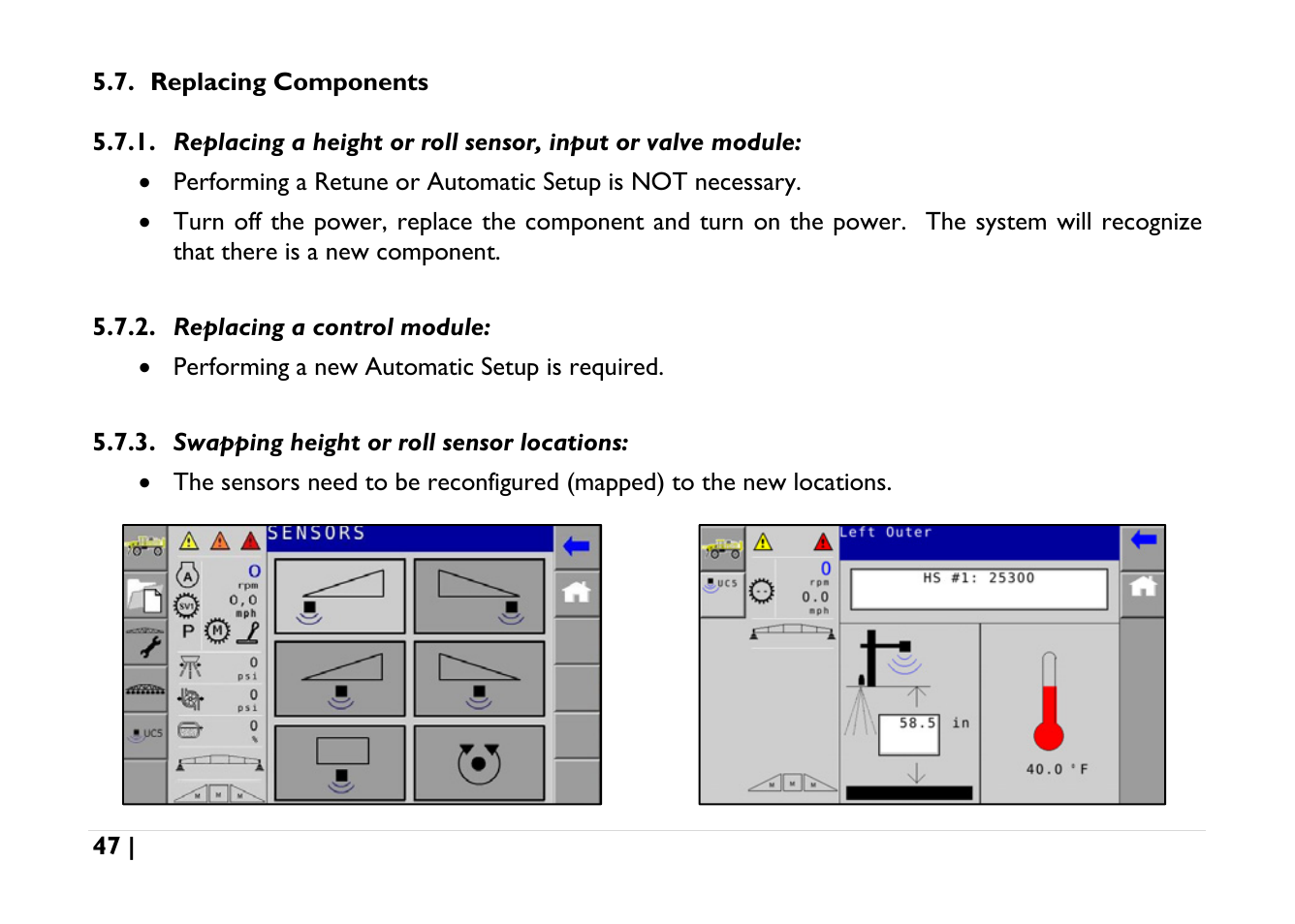 Replacing components, Replacing a control module, Swapping height or roll sensor locations | NORAC UC5-BC-AGCO-RMC User Manual | Page 47 / 56