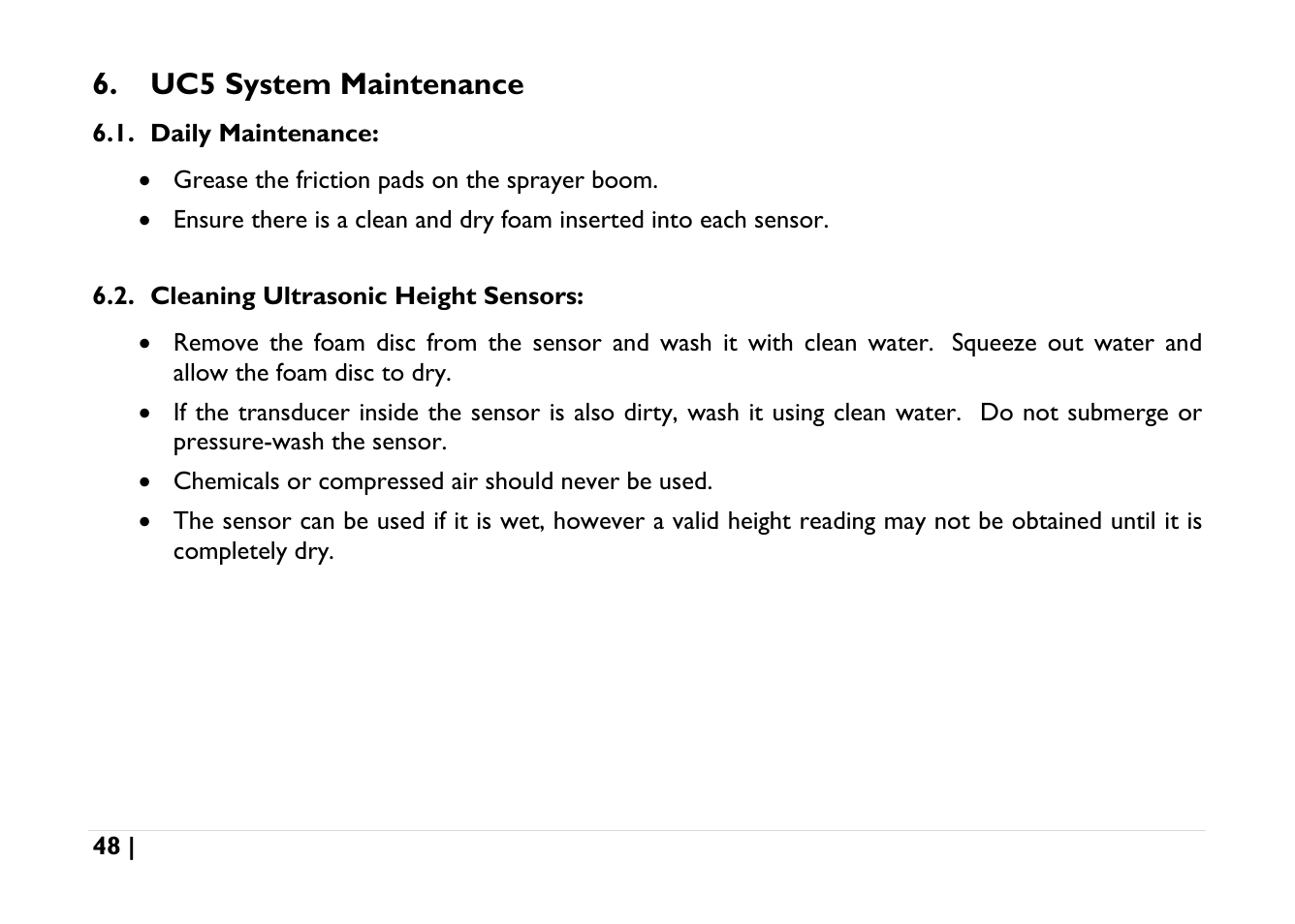 Uc5 system maintenance, Daily maintenance, Cleaning ultrasonic height sensors | NORAC UC5-BC-AGCO-RMC User Manual | Page 48 / 56