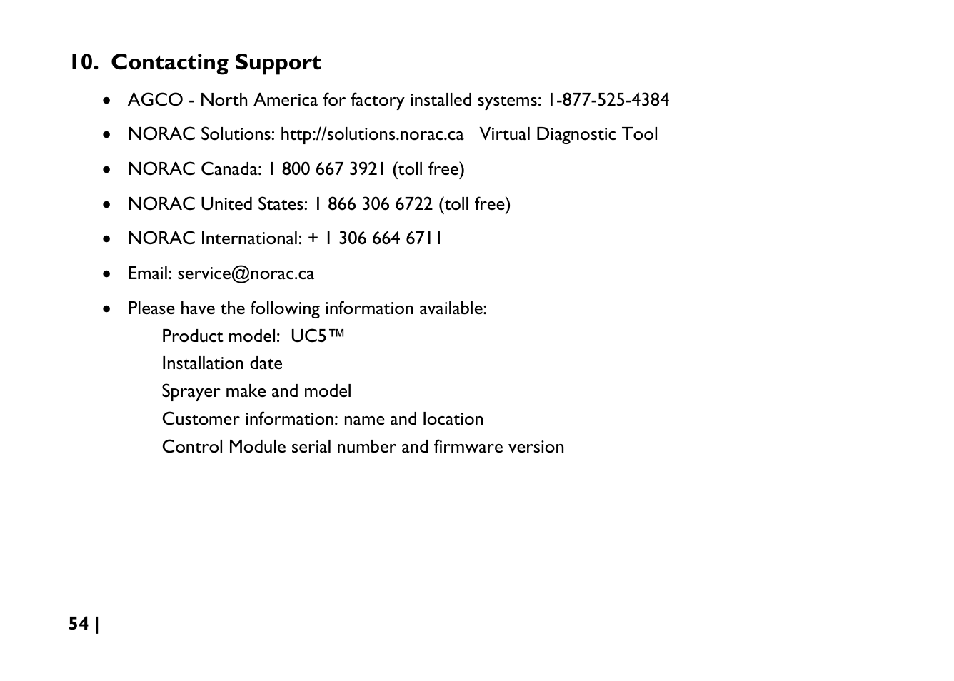 Contacting support | NORAC UC5-BC-AGCO-RMC User Manual | Page 54 / 56