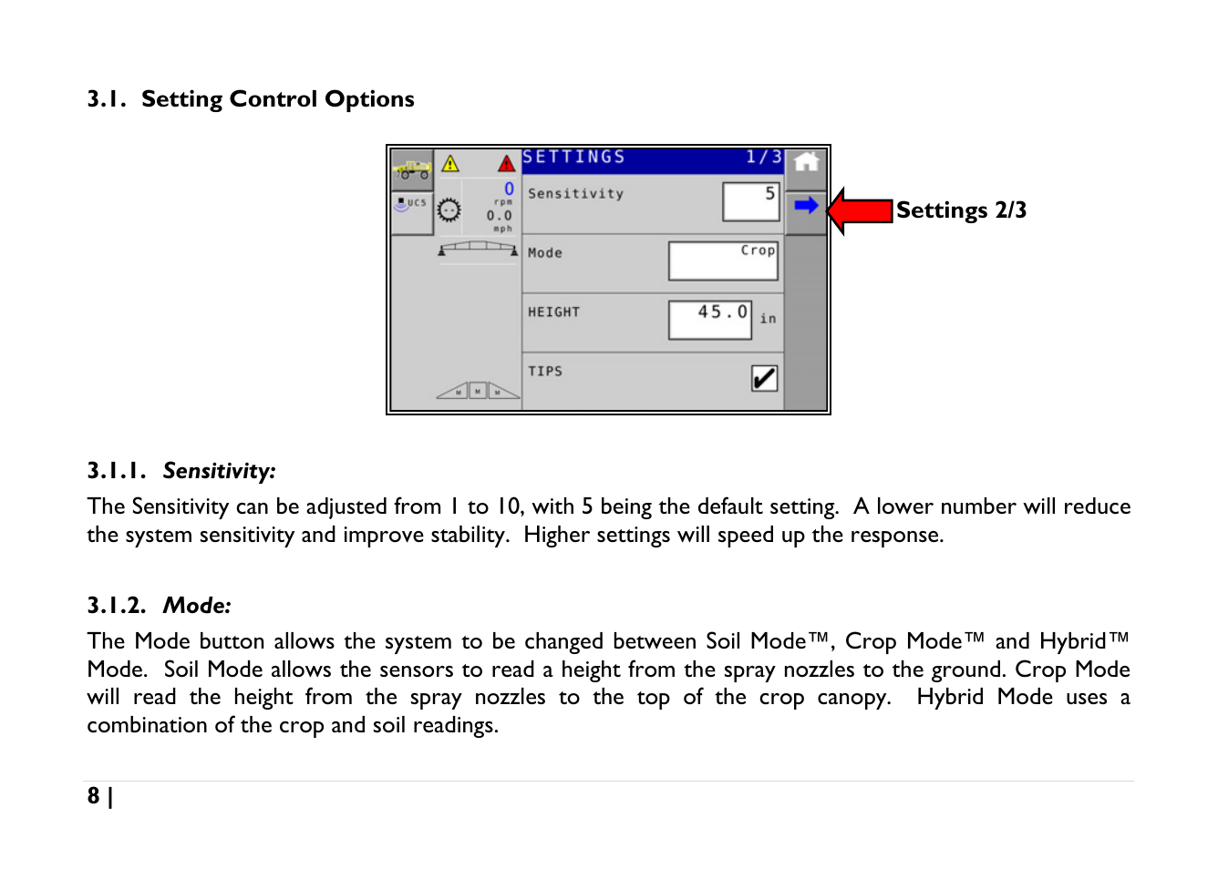 Setting control options, Sensitivity, Mode | NORAC UC5-BC-AGCO-RMC User Manual | Page 8 / 56