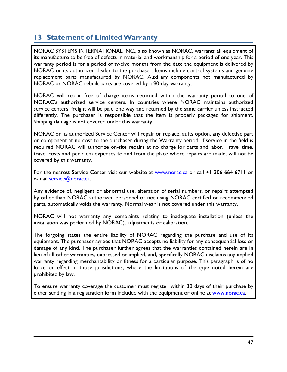 13 statement of limited warranty | NORAC UC4.5-BC Operator Manual User Manual | Page 51 / 54