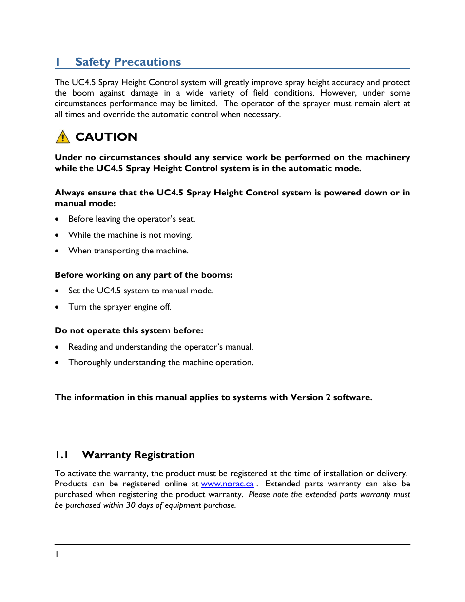 1 safety precautions, 1 warranty registration, Caution | NORAC UC4.5-BC Quick Guide User Manual | Page 4 / 19