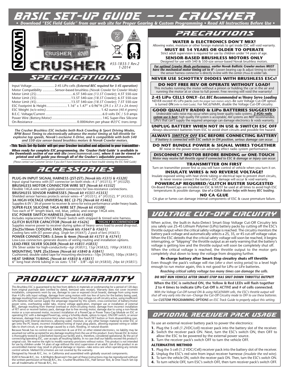 Novak Brushless Speed Control: Crusher Basic Set-Up (original) (55-1833-1 Rev.2) User Manual | 2 pages