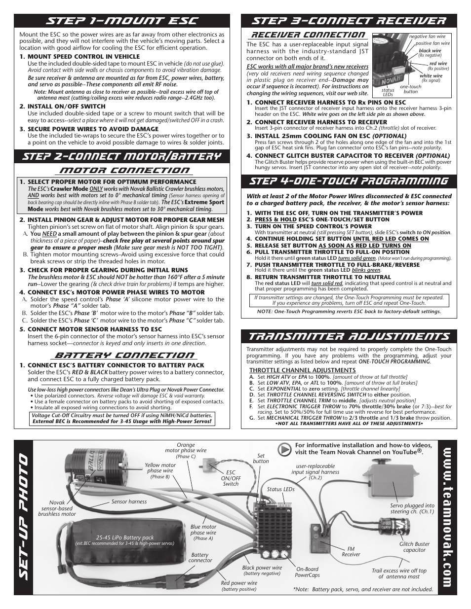 Set-up photo, Step 2–connect motor/battery step 1–mount esc, Step 3–connect receiver | W.te am no va k. co m, Motor connection, Battery connection, Receiver connection | Novak Brushless Speed Control: Crusher Basic Set-Up (original) (55-1833-1 Rev.2) User Manual | Page 2 / 2