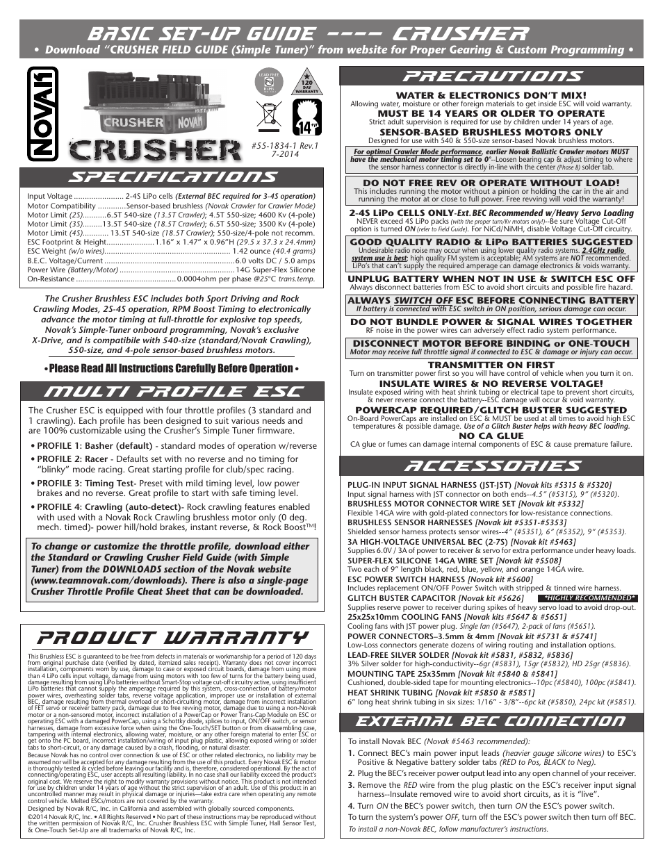 Novak Brushless Speed Control: Crusher Basic Set-Up (w/Simple-Tuner) (55-1834-1 Rev.1) User Manual | 2 pages