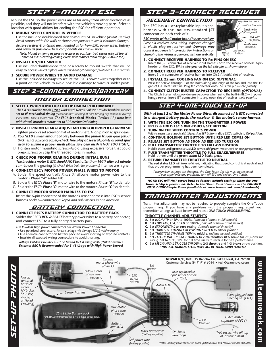 Set-up photo, Step 2–connect motor/battery step 1–mount esc, Step 4-one-touch set-up transmitter adjustments | Step 3–connect receiver, W.te am no va k. co m, Motor connection, Battery connection, Receiver connection | Novak Brushless Speed Control: Crusher Basic Set-Up (w/Simple-Tuner) (55-1834-1 Rev.1) User Manual | Page 2 / 2