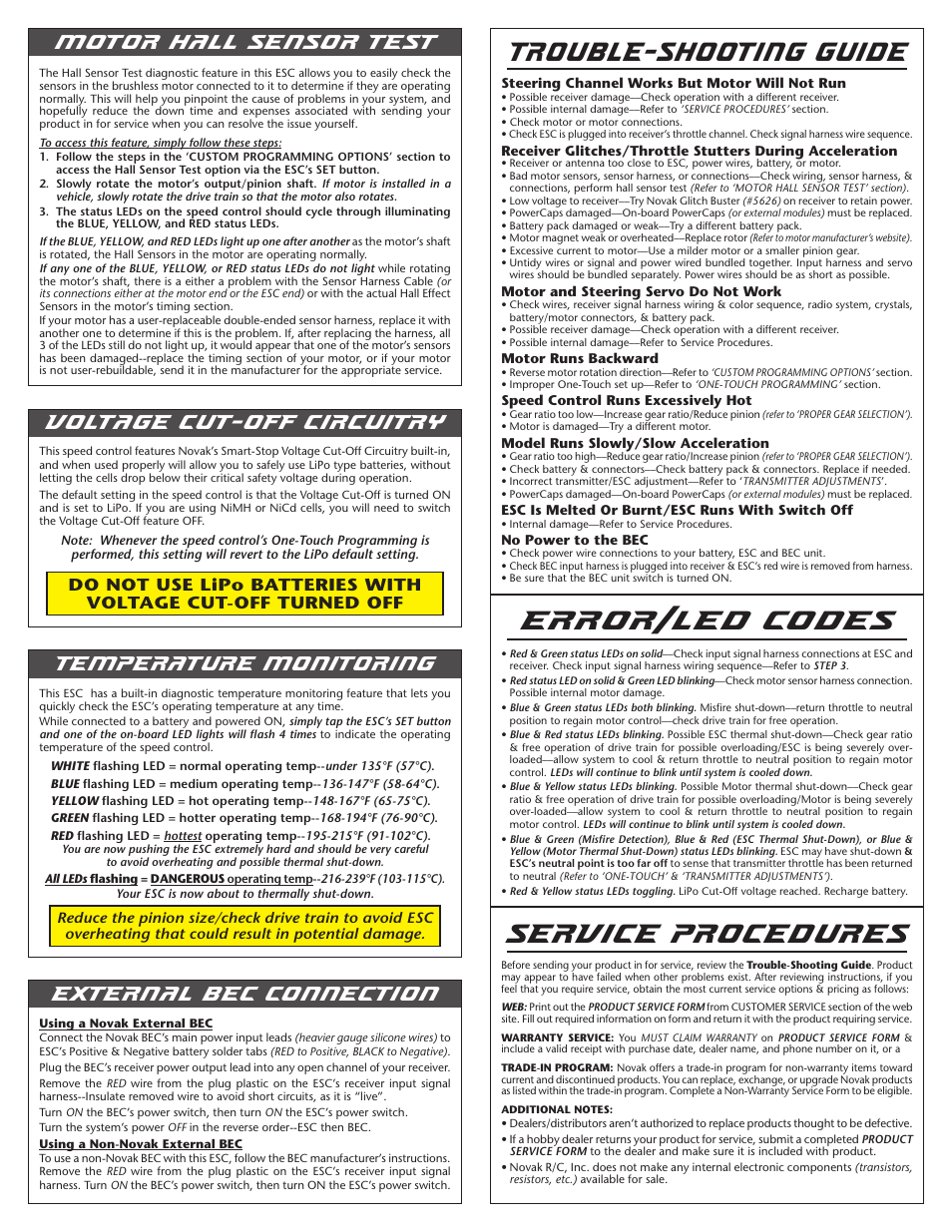 Trouble-shooting guide, Error/led codes, Service procedures | Motor hall sensor test | Novak Brushless Speed Control: Crusher Field Guide (Crawler Mode) --- Simple-Tuner Version ESC (4) User Manual | Page 4 / 4