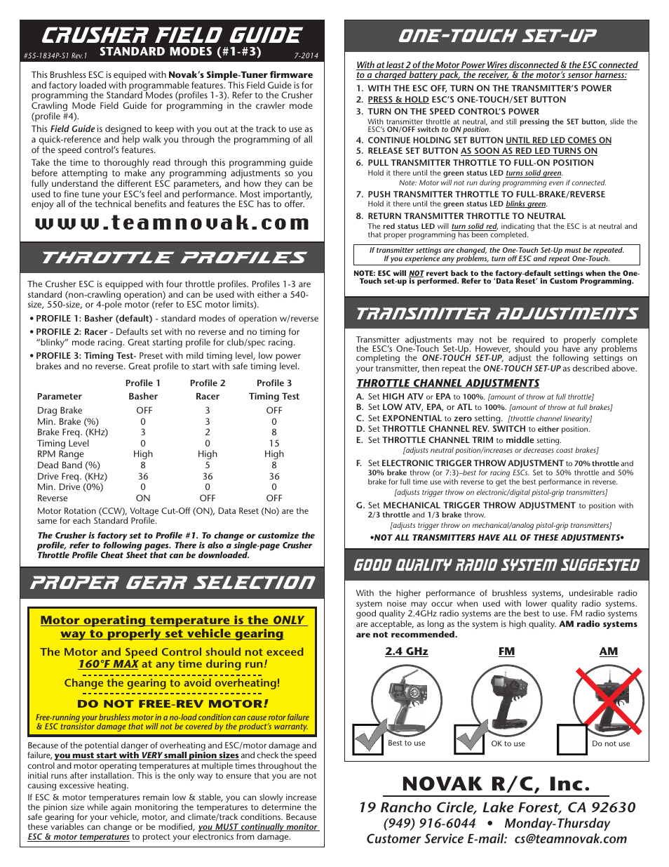 Novak Brushless Speed Control: Crusher Field Guide (Standard Modes) --- Simple-Tuner Version ESC (3) User Manual | 4 pages