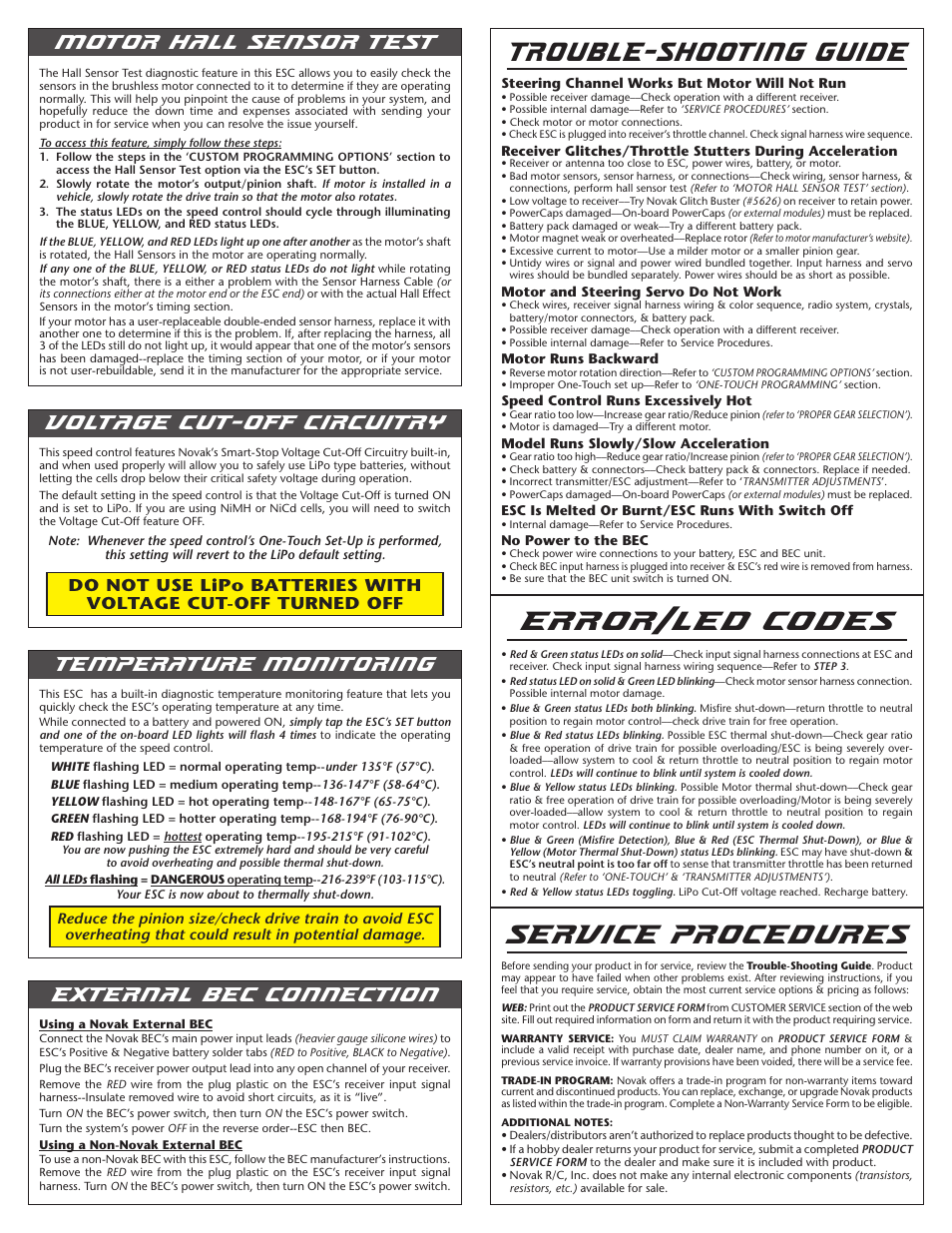 Trouble-shooting guide, Error/led codes, Service procedures | Motor hall sensor test | Novak Brushless Speed Control: Crusher Field Guide (Standard Modes) --- Simple-Tuner Version ESC (3) User Manual | Page 4 / 4