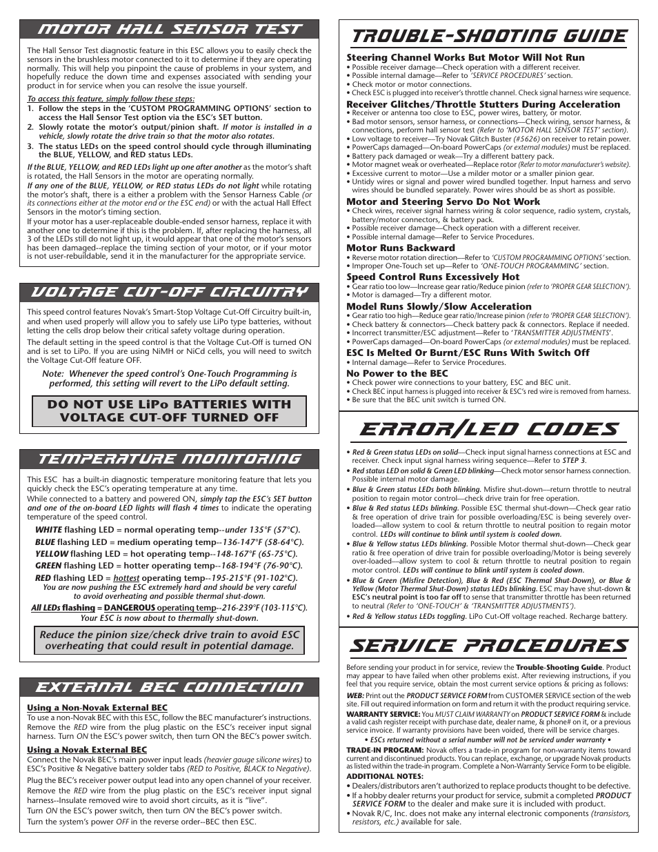 Trouble-shooting guide, Error/led codes, Service procedures | Motor hall sensor test | Novak Brushless Speed Control: Crusher Field Guide -- Original Version (55-1833P-1 Rev.2) User Manual | Page 4 / 4