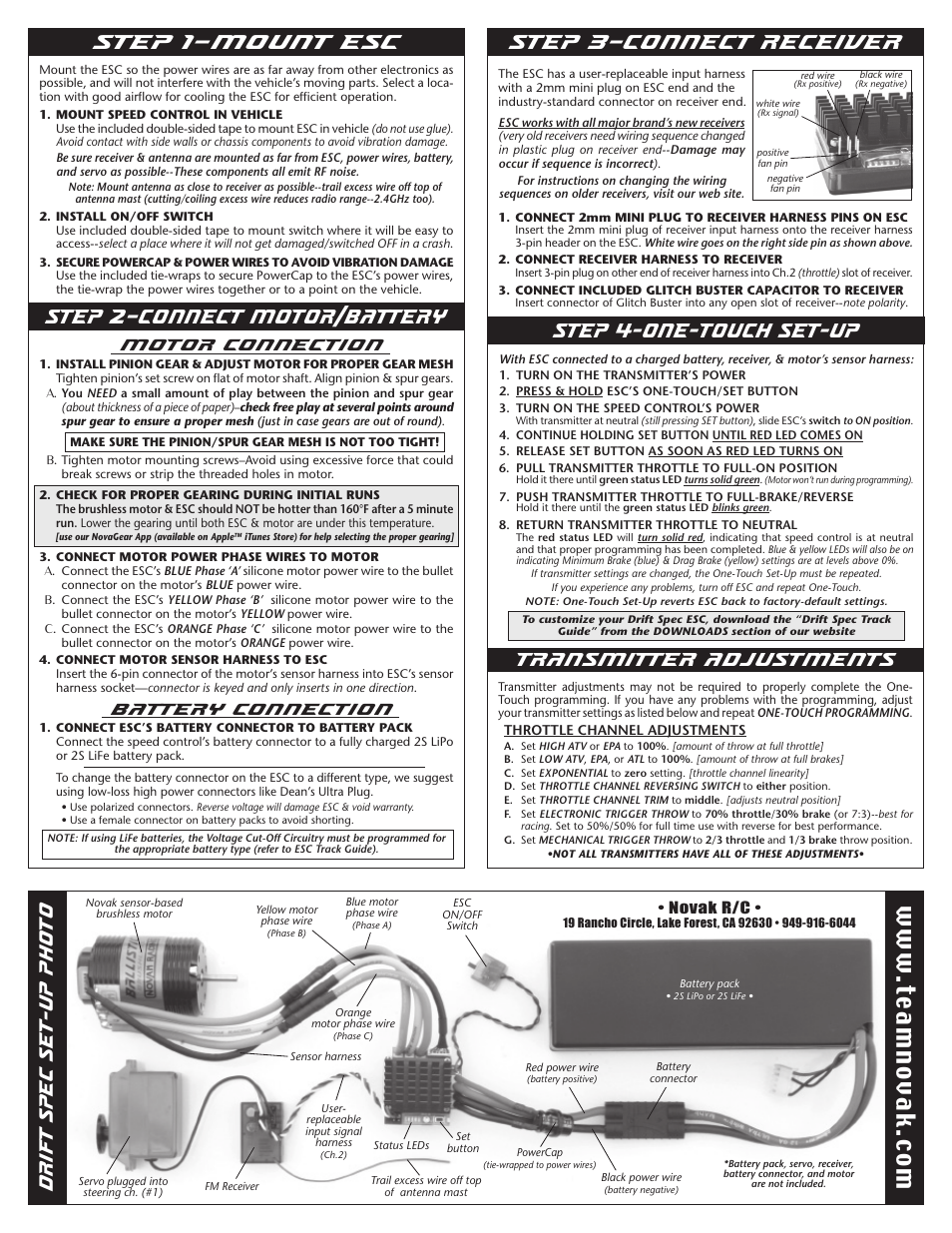 Step 2–connect motor/battery step 1–mount esc, Step 4-one-touch set-up, Step 3–connect receiver | W.te am no va k. co m, Drift spec set-up photo, Transmitter adjustments, Motor connection, Battery connection | Novak Brushless Speed Control: Drift Spec Basic Set-Up (55-3074-1 Rev.1) User Manual | Page 2 / 2