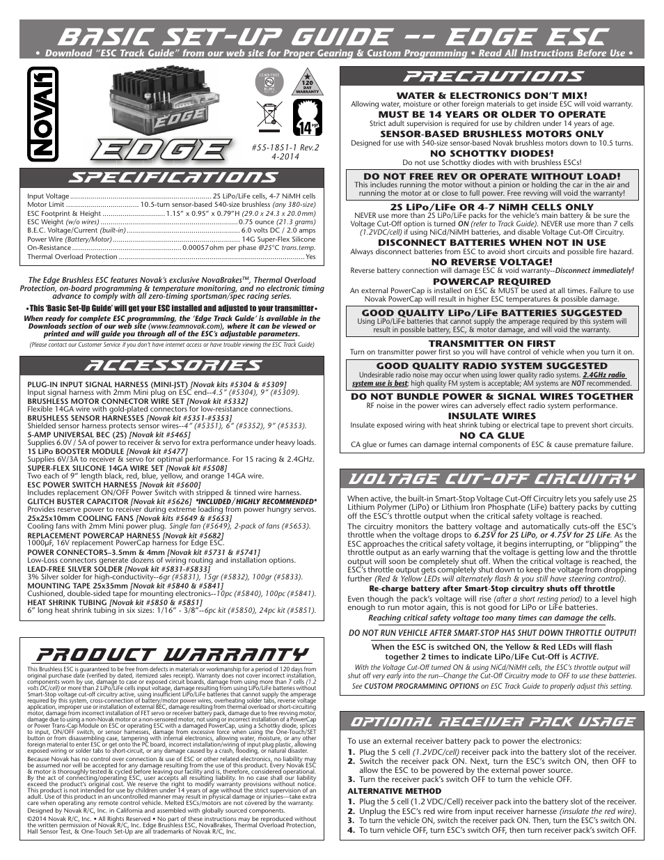 Novak Brushless Speed Control: Edge 2S (55-1851-1 Rev.2) User Manual | 2 pages