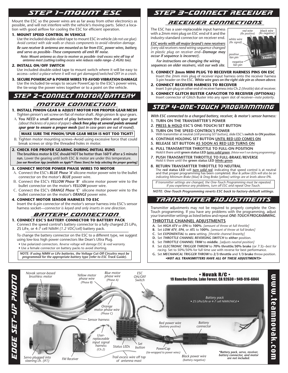 Edge set-up photo, Step 2–connect motor/battery step 1–mount esc, Step 4-one-touch programming | Step 3–connect receiver, W.te am no va k. co m, Transmitter adjustments, Motor connection, Battery connection, Receiver connections | Novak Brushless Speed Control: Edge 2S (55-1851-1 Rev.2) User Manual | Page 2 / 2