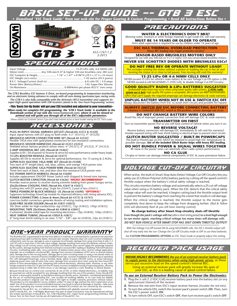 Novak Brushless Speed Control: GTB 3 Basic Set-Up (55-1747-1.2) User Manual | 2 pages