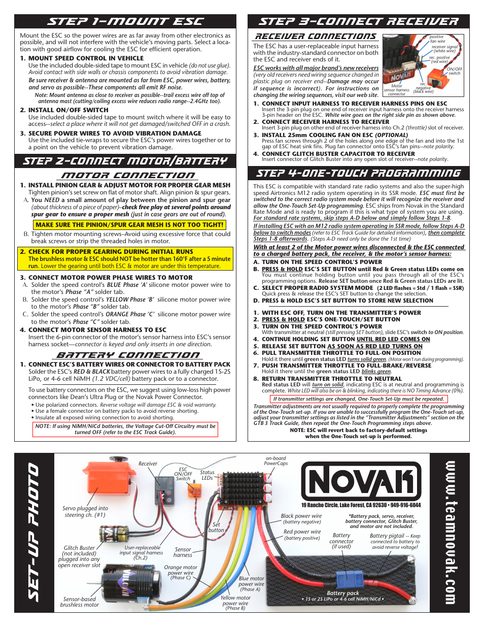 Set-up photo, W.te am no va k.c om, Step 2–connect motor/battery step 1–mount esc | Motor connection, Battery connection, Receiver connections | Novak Brushless Speed Control: GTB 3 Basic Set-Up (55-1747-1.2) User Manual | Page 2 / 2