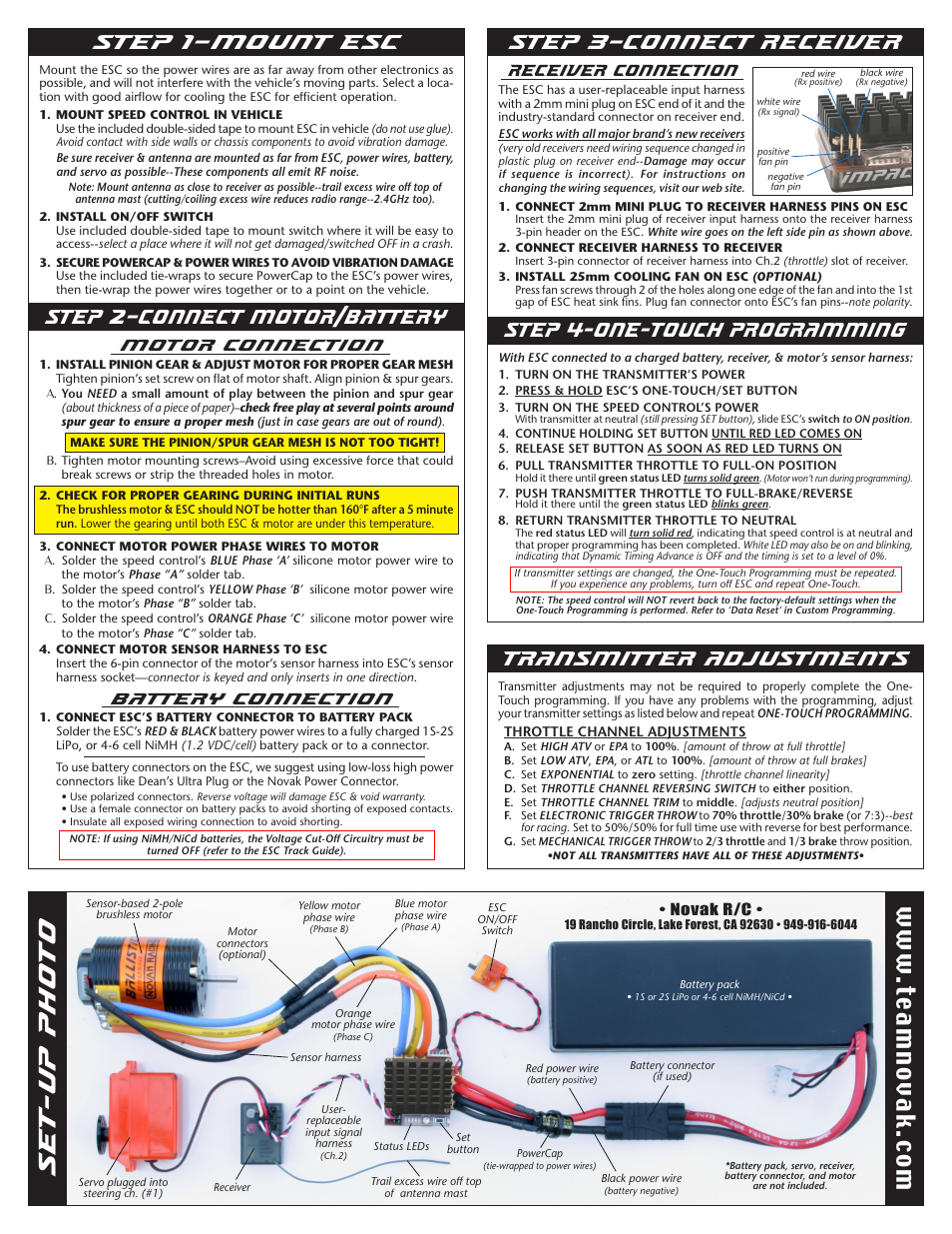 Set-up photo, Step 2–connect motor/battery step 1–mount esc, Step 3–connect receiver | W.te am no va k. co m, Motor connection, Battery connection, Receiver connection | Novak Brushless Speed Control: Impact Basic Set-Up (55-1730-1 Rev.3) User Manual | Page 2 / 2