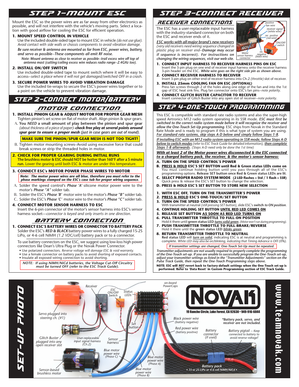 Set-up photo, W.te am no va k.c om, Step 2–connect motor/battery step 1–mount esc | Motor connection, Battery connection, Receiver connections | Novak Brushless Speed Control: Pulse V2 Basic Set-Up (55-1756-2 Rev.2) User Manual | Page 2 / 2