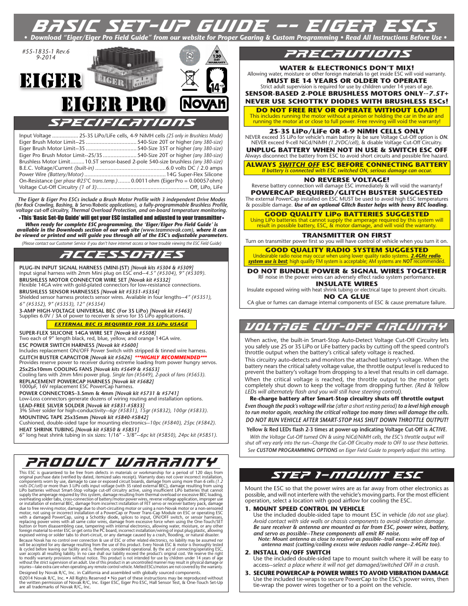 Novak Brushed Speed Control: Eiger & Eiger Pro Basic Set-Up Guide (55-1835-1 Rev.6) User Manual | 2 pages