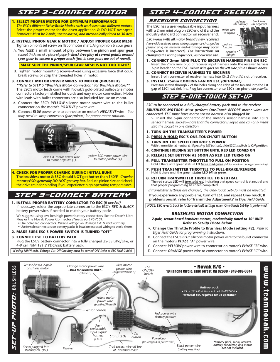 Step 2–connect motor, Step 5-one-touch set-up step 4–connect receiver, W.te am no va k. co m step 3–connect battery | Set-up photo, Receiver connection | Novak Brushed Speed Control: Eiger & Eiger Pro Basic Set-Up Guide (55-1835-1 Rev.6) User Manual | Page 2 / 2