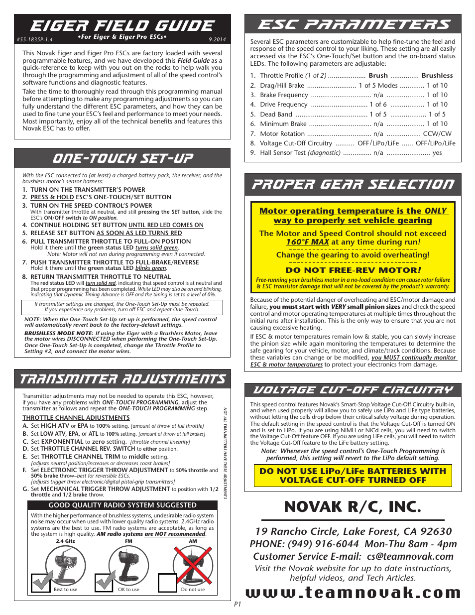 Novak Brushed Speed Control: Eiger & Eiger Pro Field Guide-- NEW version ESCs (standard height heat sinks) (55-1835P-1.4) User Manual | 4 pages