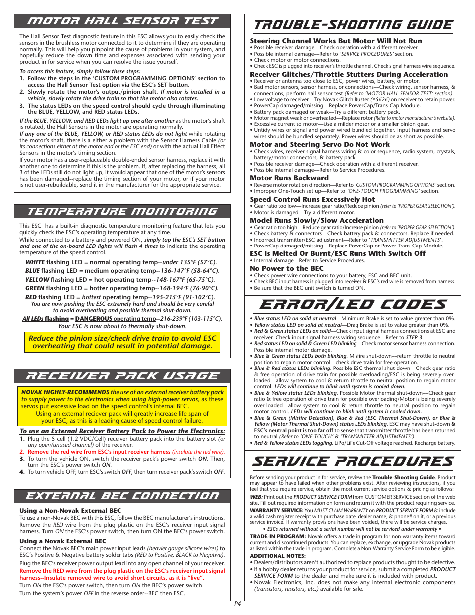 Trouble-shooting guide, Error/led codes, Service procedures | Motor hall sensor test, External bec connection temperature monitoring, Receiver pack usage | Novak Brushed Speed Control: Eiger & Eiger Pro Field Guide-- NEW version ESCs (standard height heat sinks) (55-1835P-1.4) User Manual | Page 4 / 4