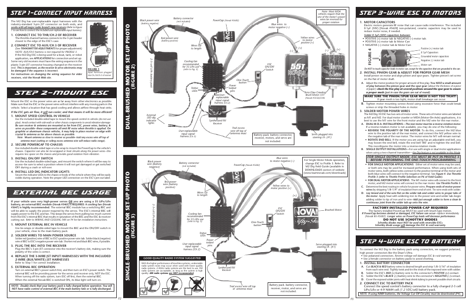 Step 4–wire esc to battery, Single -b r u shed motor set -up p hoto, Du al -b r u shed motor set -up p hoto | Fig u re 3), Fig u re 2), Figure 4 | Novak Brushed Speed Control: M2 Dig Basic Set-Up Guide (55-1846-1.3) User Manual | Page 2 / 2