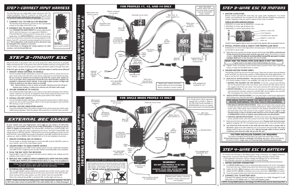 Step 4–wire esc to battery, Figure 3), Figure 2) | For profiles #1, #2, and #4 only, For single mode profile #3 only, Figure 4, Warning | Novak Brushed Speed Control: M2 Dig Basic Set-Up Guide- 4 Profile Model (55-1846-1.4) User Manual | Page 2 / 2