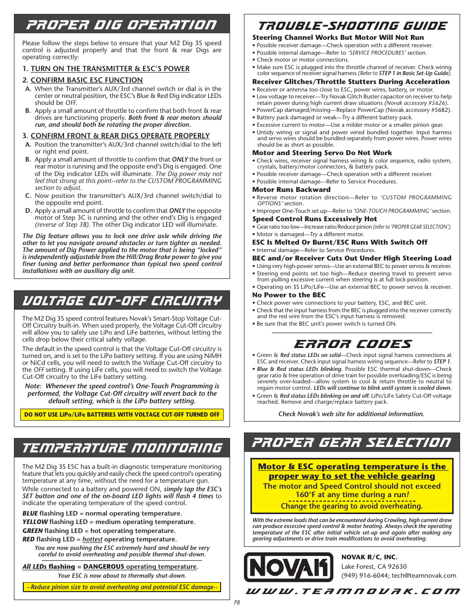 Proper gear selection, Voltage cut-off circuitry, Proper dig operation temperature monitoring | Trouble-shooting guide, Error codes | Novak Brushed Speed Control: M2 Dig Field Guide (55-1846P-1 Rev. 1.1) User Manual | Page 4 / 4