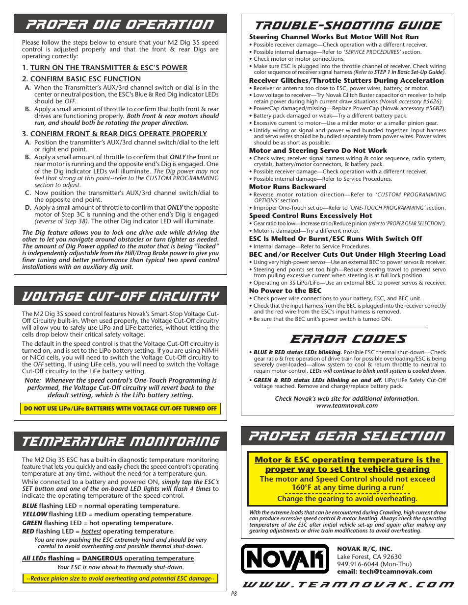 Proper gear selection, Voltage cut-off circuitry, Proper dig operation temperature monitoring | Trouble-shooting guide, Error codes | Novak Brushed Speed Control: M2 Dig Field Guide- 4 Profile Model (55-1846P-1 Rev. 1.2) User Manual | Page 4 / 4