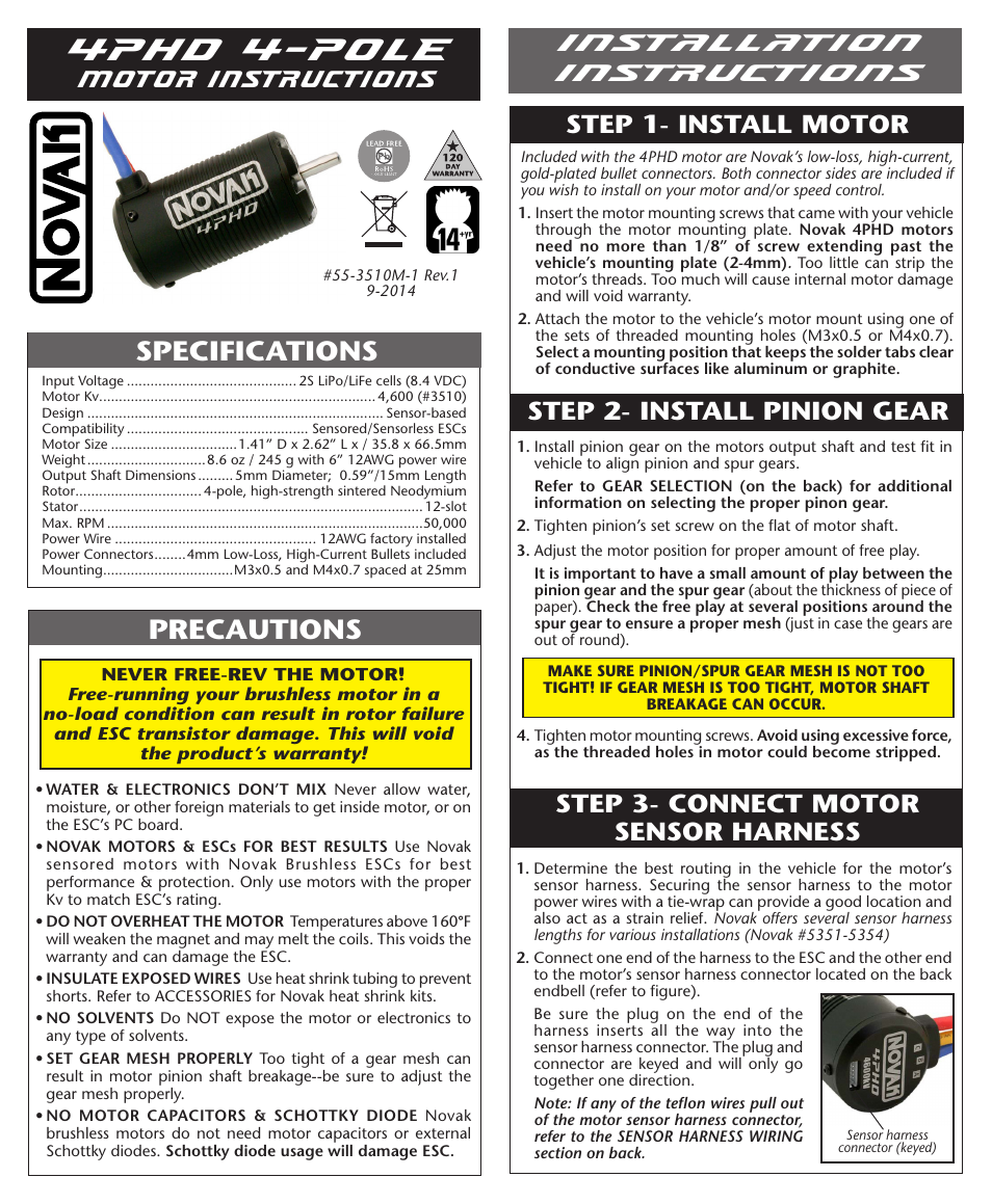 Novak Brushless Motor: 4PHD Heavy-Duty 4-Pole BL Motor (55-3510M-1 Rev.1) User Manual | 2 pages