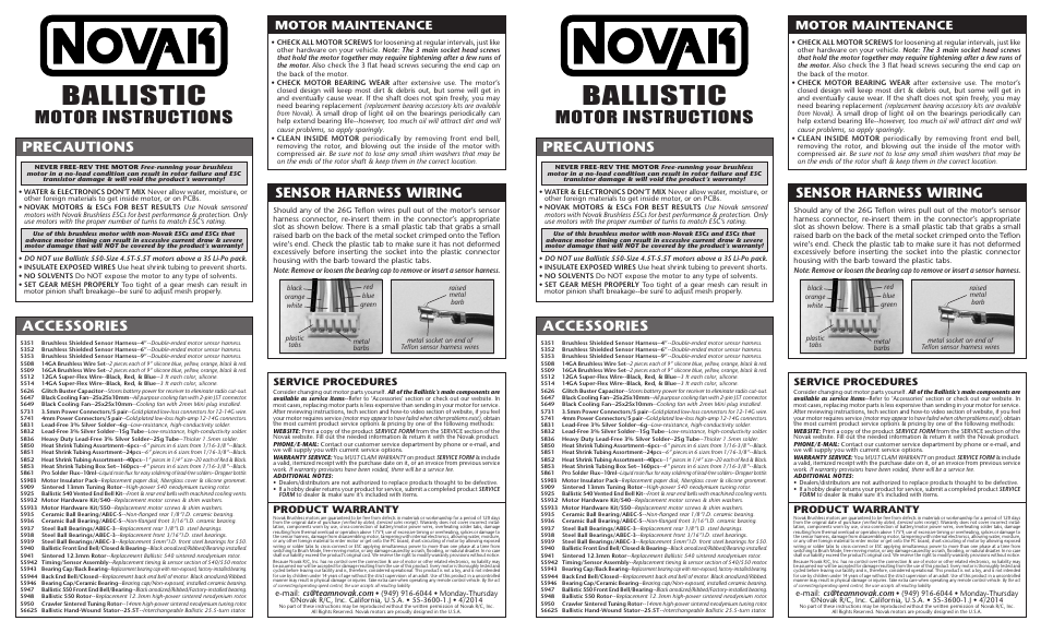 Novak Brushless Motor: Ballistic 540/550 Motor User Manual | 2 pages