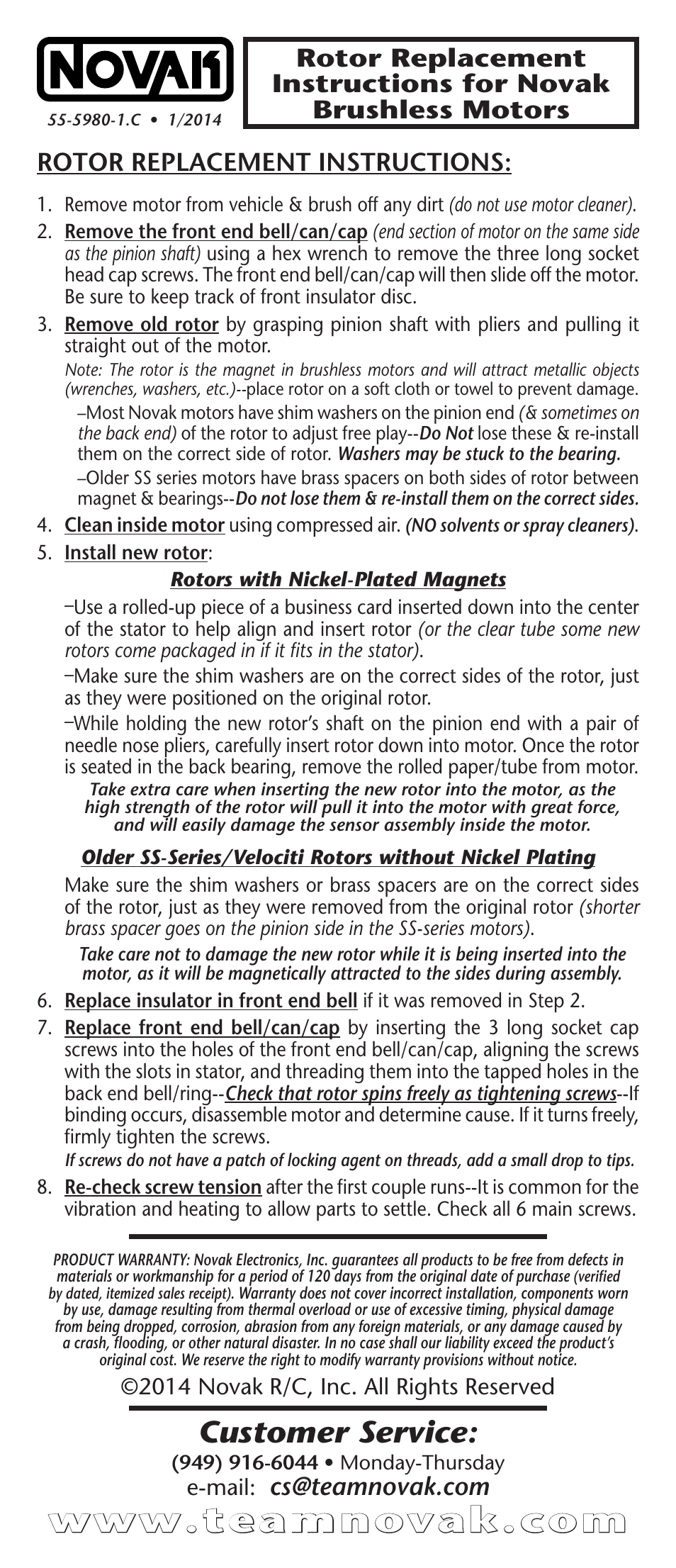 Customer service, Rotor replacement instructions, 2014 novak r/c, inc. all rights reserved | E-mail | Novak Brushless Motor: Brushless Motor Rotor and End Bell/Bearing Replacement User Manual | Page 2 / 2